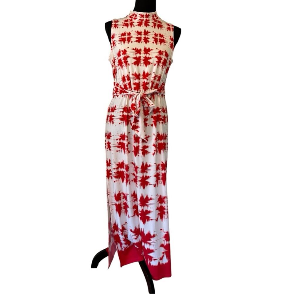 London Times FABULOUS Red and White Sleeveless Maxi Dress Tie Belt size 6